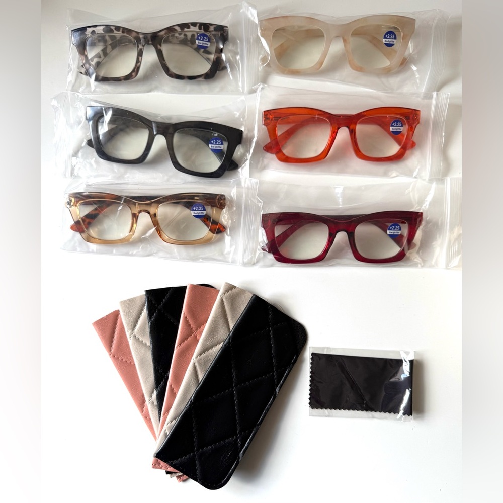 Stylish Reading Glasses for Women 6 Pack with Cases and Cloth +2.25